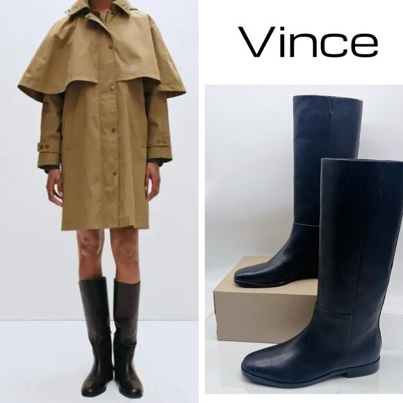 Vince Martell Knee High Boot Riding Flat Black Leather Side Zip US 8.5 EU 39 - Picture 1 of 14